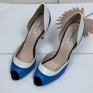 LK Bennett Blue and White Peep Toe Heels - Size 42/11.5